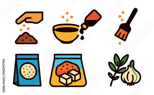 Flat vector icons of food marinating and seasoning: spice rub icon, marinade bowl, sauce bottle pouring, basting brush, seasoning blend packet, meat in zip bag, tofu soaking tray, herbs and garlic