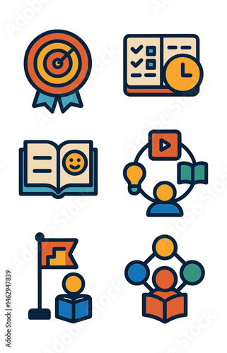 Flat vector icons of self-directed learning habits: setting personal learning goals badge, organizing learning schedules planner, using online learning platforms badge, practicing self-assessment