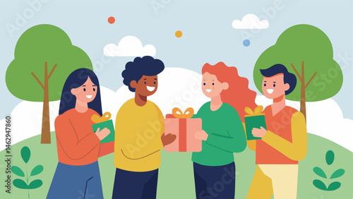 Gift Exchange with Friends A group of friends joyfully exchanging gifts wrapped in natural materials with enthusiasm portrayed through their expressions as they gather in a park.