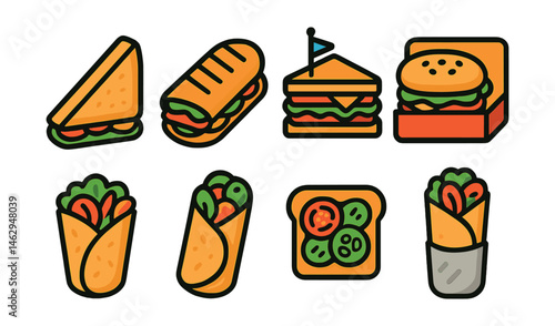Flat vector icons of picnic-friendly sandwiches: classic triangle sandwich, panini in wrap, club sandwich with pick, bagel sandwich in box, pita wrap with veggies, tortilla roll-up, open-face