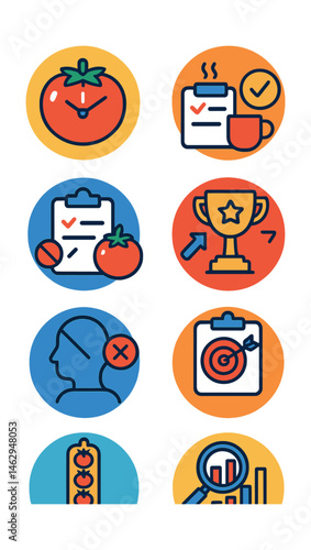 Flat vector icons of using the Pomodoro technique: setting 25-minute work timers badge, planning short breaks between sessions badge, tracking completed Pomodoros badge, rewarding after full cycles