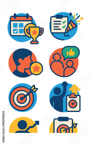 Flat vector icons of celebrating productivity wins: setting weekly review rituals badge, tracking personal productivity achievements badge, celebrating project completions badge, rewarding consistent
