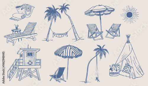 Beach wood lounger with umbrella. Boho teepee tent. Coastal picnic elements. Vacation drawings. Hand drawn illustration of lounge chair and hammock