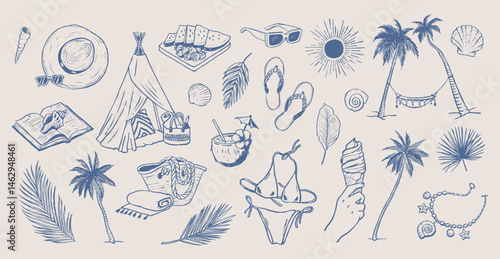 Summer beach holiday elements. Coastal vacation drawings. Hand drawn illustration of straw hat, flip flops, sunglasses, swimsuit. Graphic background.
