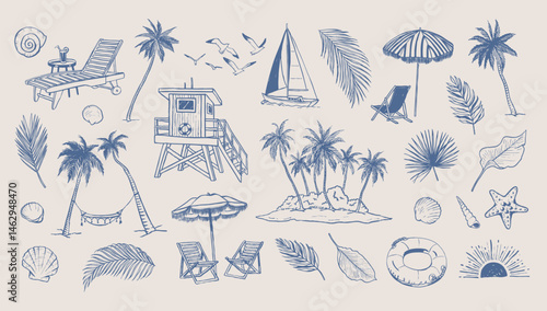 Summer beach elements. Coastal vacation drawings. Hand drawn illustration of palm trees, boat and shells. Graphic background.