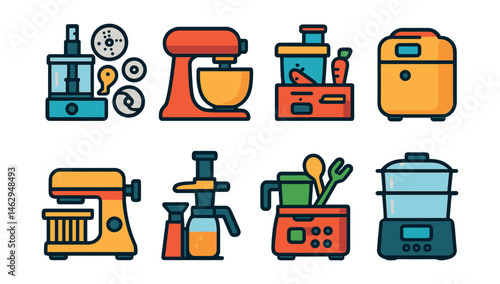 Flat vector icons of multifunctional kitchen machines: food processor with attachments, all-in-one mixer, integrated chopping station, bread maker with display, pasta maker, juicer-press combo, meal