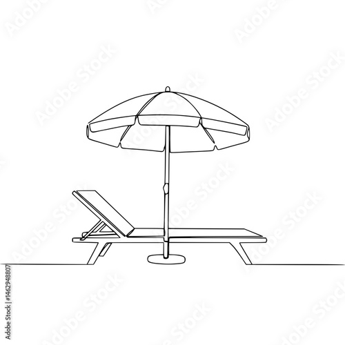 Continuous line vector of sun lounger with umbrella. Beach and vacations, summer season and traveling concept, protection from sun in hot climate