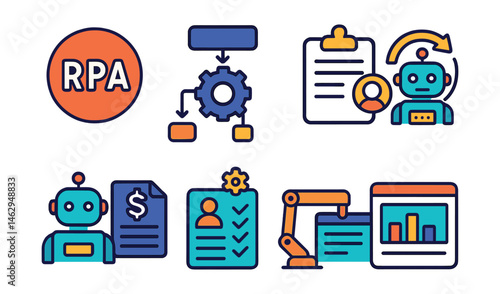 Flat vector icons of robotic process automation (RPA): RPA software badge, automated workflow icon, digital worker robot badge, repetitive task automation guide, invoice processing bot, HR onboarding