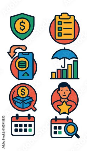 Flat vector icons of building emergency funds: saving first 500 dollars badge, reaching 3 months expenses badge, emergency savings goal planner, automating emergency fund deposits badge, visualizing