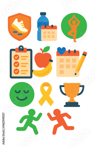 Flat vector icons of wellness challenges at work: participating in step challenges badge, water drinking competitions planner, office yoga days badge, wellness month goals badge, nutrition challenge