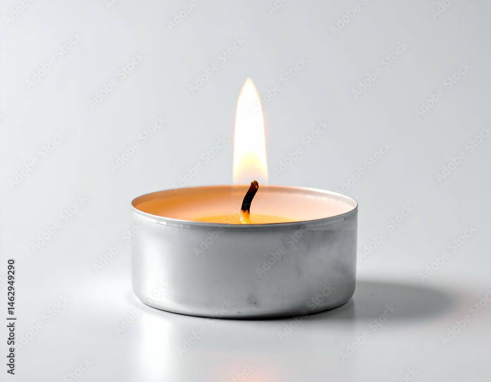 A lit tealight candle in a silver holder on a plain white background, creating a serene ambiance A lit tealight candle in a silver holder on a plain white background, creating a serene ambiance