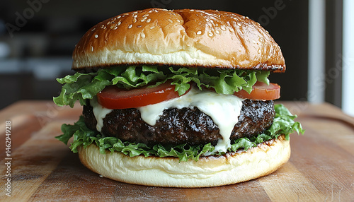 Juicy Grilled Cheeseburger with Melted Cheese Lettuce and Tomato on Sesame Seed Bun