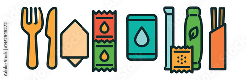 Flat vector icons of utensils and extras in delivery: disposable fork and knife, paper napkin, sauce sachets, moist towelette, wrapped straw, eco utensil pack, sealed spice packet, chopsticks with