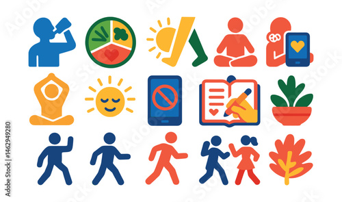 Flat vector icons of daily health habits: drinking enough water badge, eating balanced meals guide, regular stretching routines badge, morning sunlight exposure planner, taking daily walks badge,