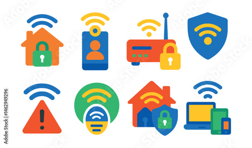 Flat vector icons of Wi-Fi and network security: secure home Wi-Fi setup badge, guest Wi-Fi network icon, router password protection badge, VPN over Wi-Fi badge, public Wi-Fi security alert, Wi-Fi