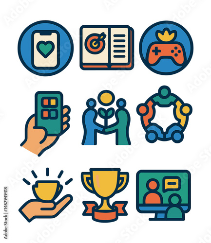 Flat vector icons of digital well-being practices: installing well-being tracking apps badge, setting screen time goals planner, practicing mindful gaming badge, joining digital balance communities