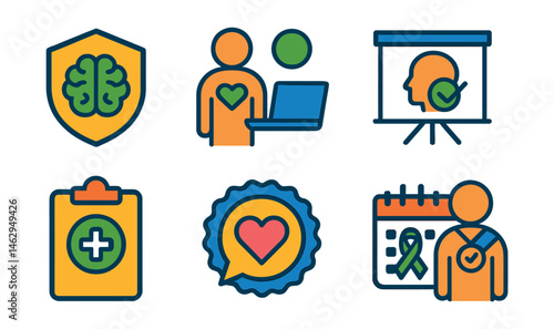 Flat vector icons of mental health in the workplace: mental health policy badge, employee mental wellness program, psychological safety training, team support culture badge, HR mental health