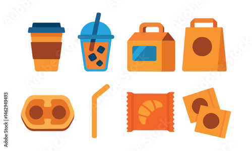 Flat vector icons of café takeaway items: paper coffee cup with lid, iced drink to-go, dessert box with window, paper bag with logo, cup carrier tray, eco straw icon, wrapped pastry pack, labeled