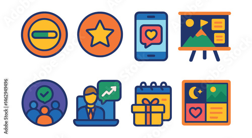 Flat vector icons of motivation boosters: visual progress bar badge, milestone achievement badge, motivational quote reminder app, success vision board icon, positive feedback session badge,