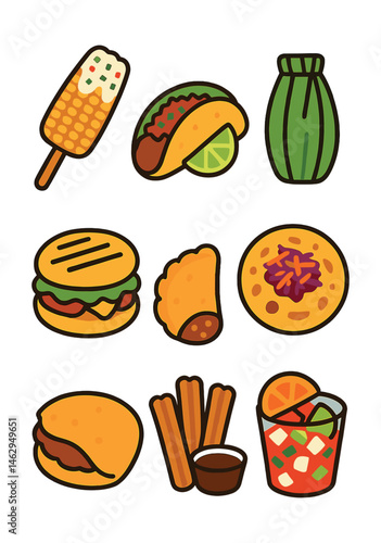 Flat vector icons of Latin American street food: Mexican elote, taco with lime, tamale in leaf, pupusa with toppings, arepa sandwich, empanada half-opened, churros with dip, street ceviche cup.