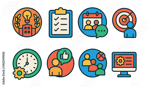 Flat vector icons of adapting to a new workplace: understanding workplace culture badge, onboarding checklist badge, meeting new colleagues planner, setting early career goals badge, managing time