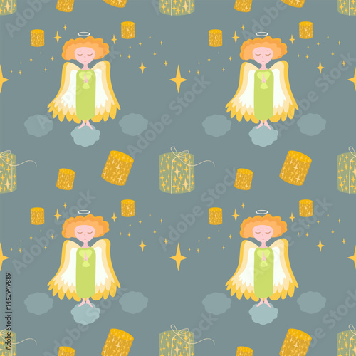 Seamless cute pattern with angels, air lanterns, stars. Vector cartoon for children's clothing, packaging, greeting cards.Pattern with a girl, a little angel with folded hands in prayer.
