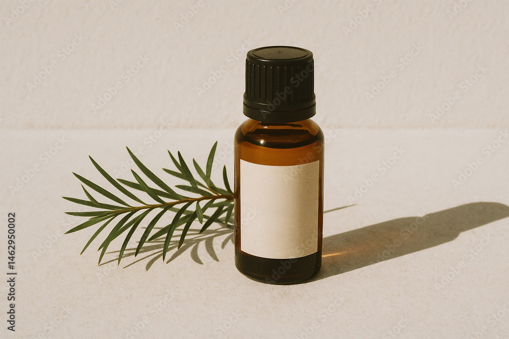 Amber essential oil bottle with green leaf on textured surface