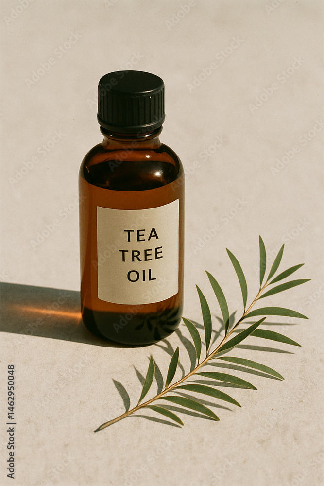 Tea tree oil bottle with fresh leaves on beige background