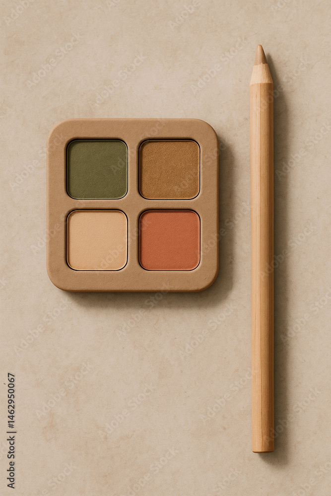Eco-friendly eyeshadow palette and wooden pencil for sustainable beauty