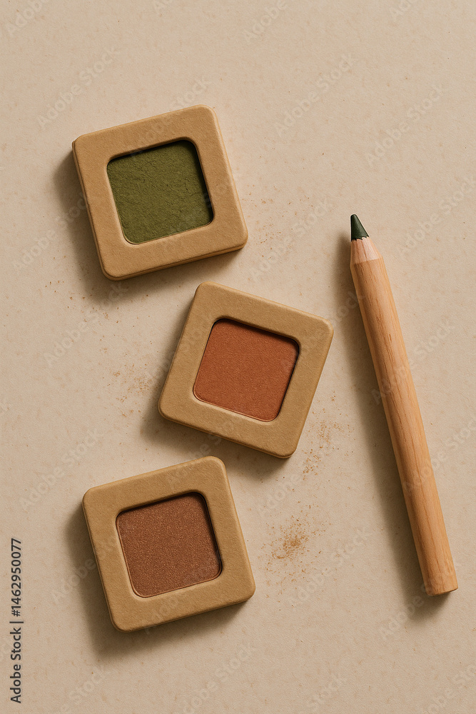 Sustainable eyeshadow and wooden pencil on beige background