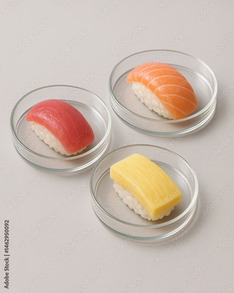 Cultured sushi nigiri with lab-grown tuna, lab-grown salmon and lab-grown egg