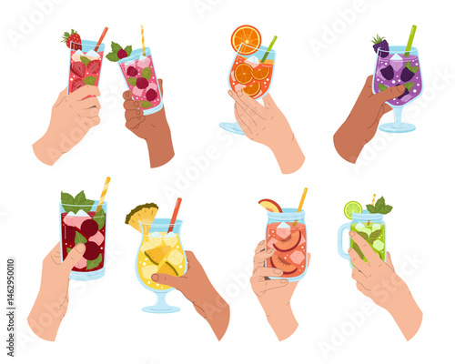 Set of refreshing lemonades. Summer soft drinks with strawberry, orange, lemon, lime, pineapple, cherry, blackberry, peach. Vector illustration.