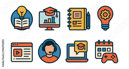 Flat vector icons of education and skills development careers: lifelong learning consultant badge, online education strategist badge, learning experience designer planner, edtech innovation manager