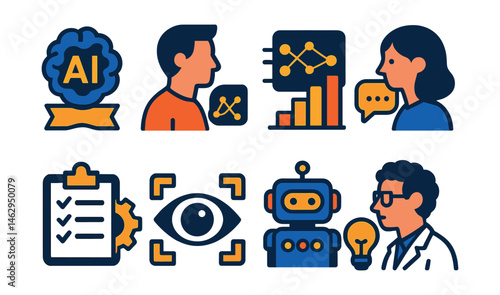Flat vector icons of AI-related careers: AI engineer badge, machine learning specialist icon, data scientist badge, natural language processing developer badge, AI ethicist planner, computer vision