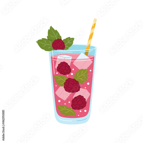 Glass of raspberry and mint lemonade with straw. Flat vector isolated illustration.