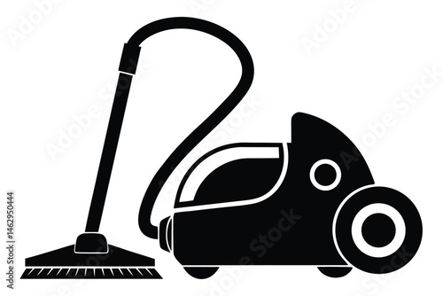 Black vacuum cleaner with a hose and a brush depicted against a white background