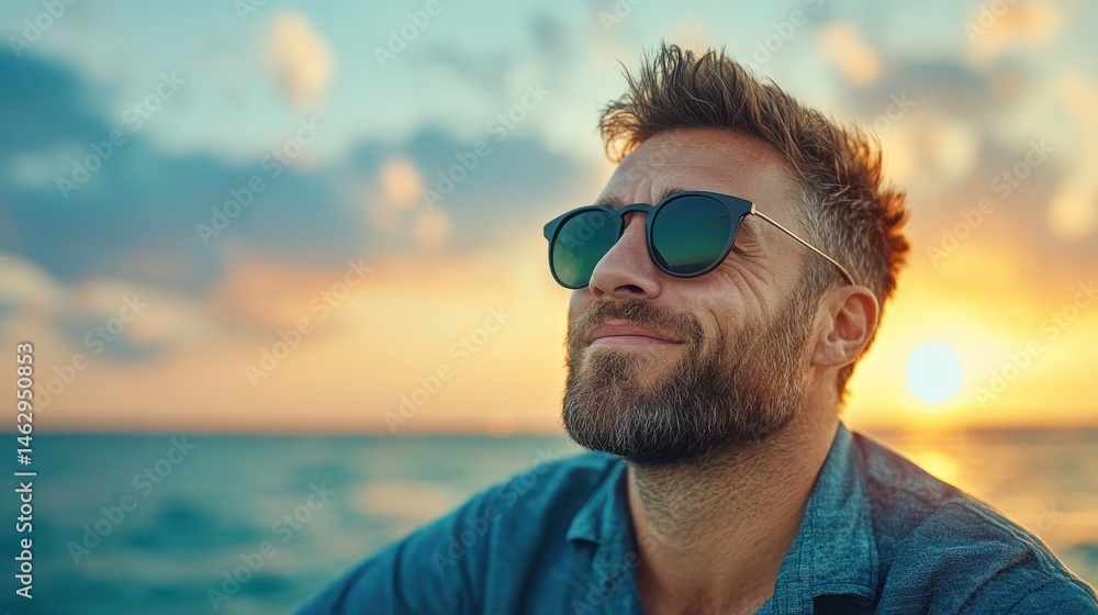 A man sits by the ocean, wearing sunglasses and savoring a beautiful sunset, embodying relaxation and the joys of nature and self-reflection. A man sits by the ocean, wearing sunglasses and savoring a beautiful sunset, embodying relaxation and the joys of nature and self-reflection.