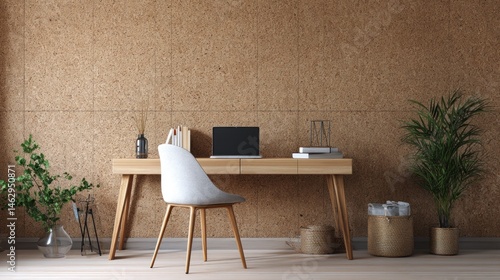 Minimalist office with layered desktop and cork wall (mockup)  