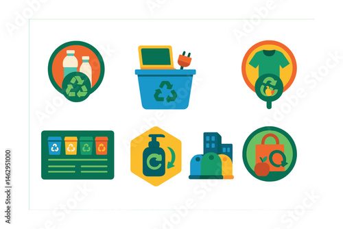Flat vector icons of recycling initiatives: plastic recycling center badge, electronics recycling bin icon, clothing recycling program badge, compostable materials collection point, recycling sorting