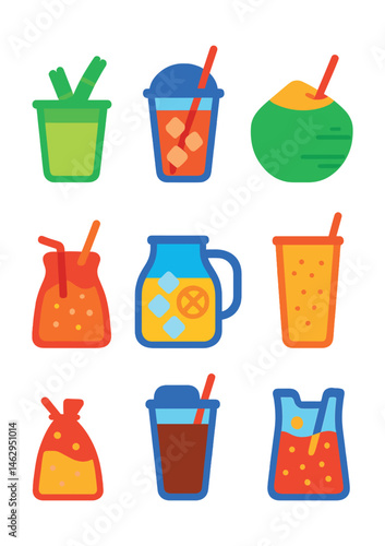 Flat vector icons of street food beverages: sugarcane juice in cup, iced tea with lid, fresh coconut with straw, mango lassi glass, soda in pouch, street lemonade jar, Thai iced coffee, sparkling