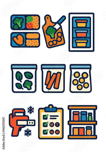 Flat vector icons of meal prepping and storage: portioned food in containers, chopping for the week, labeled meal boxes, stacked containers in fridge, ziplock bags with ingredients, freezer labels,