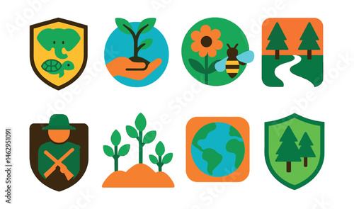 Flat vector icons of biodiversity protection: endangered species conservation badge, habitat restoration project icon, pollinator garden creation badge, wildlife corridor development icon,