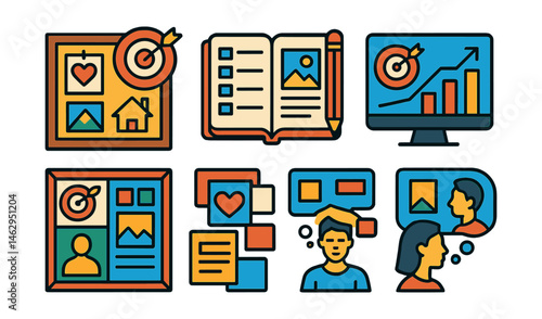Flat vector icons of goal visualization: dream board setup badge, setting vision board goals planner, visual progress tracker badge, personal aspiration collage icon, visualization meditation badge,