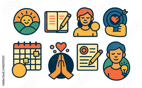 Flat vector icons of setting positive intentions: morning intention setting badge, journaling daily purpose badge, visualization of desired feelings badge, aligning actions with intentions badge,