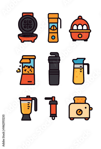 Flat vector icons of compact kitchen devices: mini waffle maker, portable juicer, personal blender, egg cooker pod, countertop popcorn maker, travel espresso press, pancake batter dispenser, snack