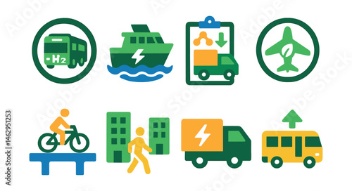 Flat vector icons of green transportation solutions: hydrogen-powered buses badge, electric ferry lines icon, smart logistics for emissions reduction, carbon-neutral airlines initiative badge,
