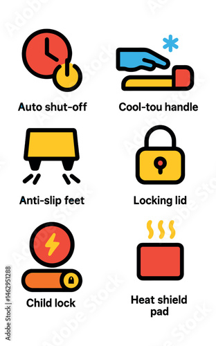 Flat vector icons of safety features in kitchen gadgets: auto shut-off symbol, anti-slip feet icon, cool-touch handle, locking lid icon, overload protection button, child lock toggle, heat shield pad