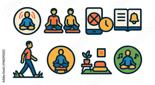 Flat vector icons of meditation without gadgets: practicing breathing meditation badge, attending offline meditation classes badge, setting device-free meditation time badge, using mindfulness bells