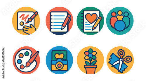Flat vector icons of healthy self-expression: art therapy exercises badge, writing therapy journal badge, creative writing for emotional health badge, music expression planner badge, emotional