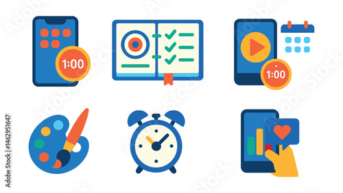 Flat vector icons of digital self-limitation: setting app usage limits badge, using focus apps planner, limiting video streaming time badge, scheduling device-free hours badge, replacing screen time
